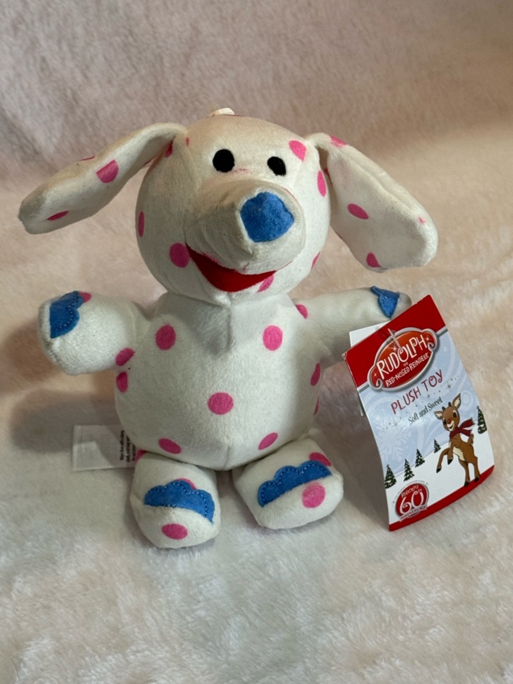 Rudolph Plush Polka Dot Dog — White & Pink Cuddly Toy